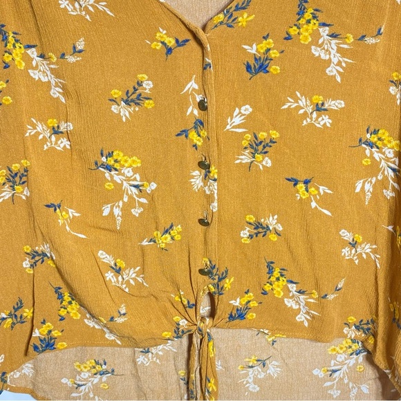 Jolt Women's Blouse L Mustard Yellow Hi Low Floral Vneck Front Tie Long Sleeve - Picture 3 of 14